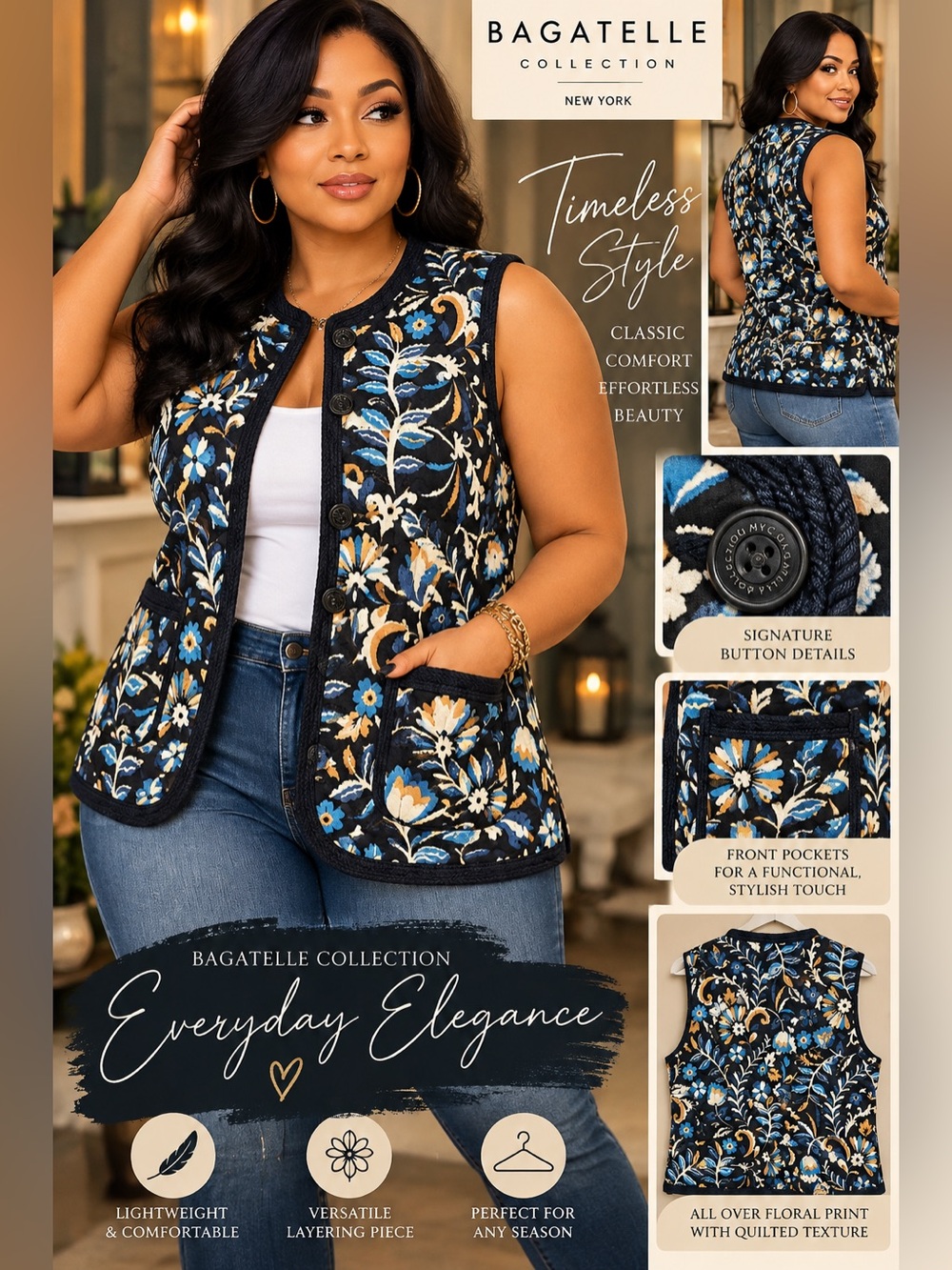 bagatelle Navy Floral Quilted Vest with Blue and White Accents